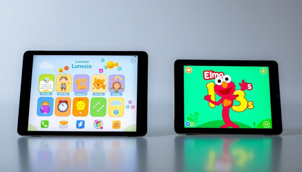 A well-lit, high-resolution comparison of two number learning apps, "Lunesia" and "Elmo Loves 123s". The apps are displayed side by side on modern tablet screens, their user interfaces and educational game elements visible. In the foreground, the apps' icons and playful, colorful designs draw the viewer's attention. The middle ground shows the apps' distinct learning approaches - one focusing on storytelling, the other on interactive gameplay. The background depicts a minimalist, gradient-based environment, emphasizing the apps' digital nature. The overall mood is one of educational engagement and technological innovation, inviting the viewer to explore the contrasting methods of teaching young learners essential numerical skills.