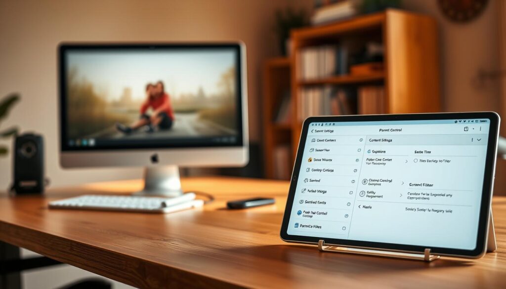 A well-lit, high-resolution image of a cozy home office setting, with a wooden desk and a modern computer display prominently featured. On the desk, there is a tablet or smartphone device displaying various parental control settings and features, such as content filtering, screen time limits, and app management. The background features warm, muted tones, with a bookshelf or other subtle home decor elements to create a professional, yet inviting atmosphere. The lighting is soft and natural, highlighting the details of the devices and creating a sense of calm and productivity.