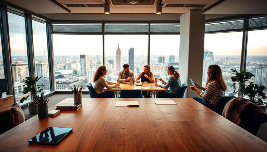A well-lit modern office space, with a large wooden desk in the foreground. On the desk, a smartphone, a tablet, and various stationery items are neatly arranged. In the middle ground, several people are gathered around a conference table, engaged in a collaborative brainstorming session, gesturing animatedly as they discuss ideas for storytelling apps. The background features floor-to-ceiling windows, offering a panoramic view of a bustling city skyline, bathed in warm, soft lighting, creating a cozy and productive atmosphere.