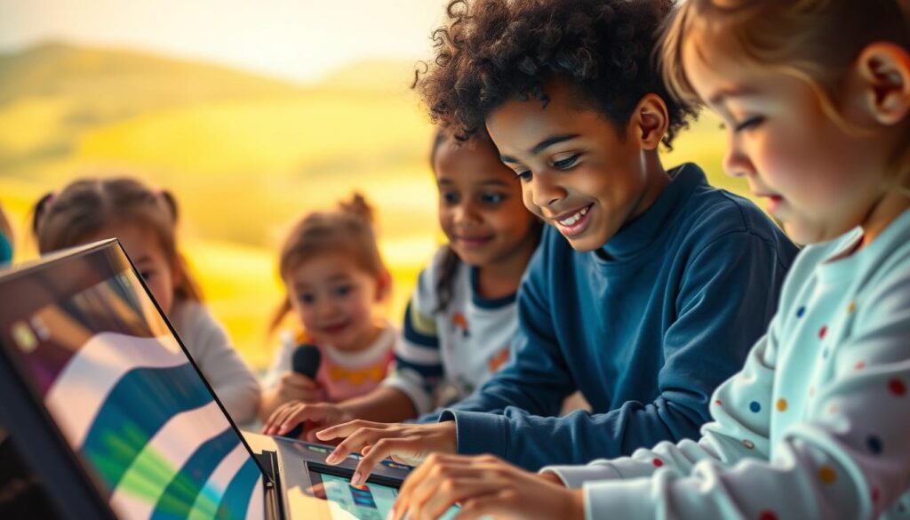 A whimsical, inclusive scene depicting the theme of age appropriateness and accessibility. In the foreground, a diverse group of children - ranging from toddlers to pre-teens - engage with vibrant, developmentally-appropriate technology. Soft, diffused lighting illuminates their faces, conveying a sense of wonder and delight. The middle ground features a variety of input devices, from touchscreens to adaptive controllers, seamlessly integrated to accommodate different needs and abilities. In the background, a gently blurred landscape suggests a nurturing, inclusive environment, with nature-inspired elements like rolling hills and a calming color palette. The overall mood is one of inclusivity, accessibility, and the joyful exploration of technology.