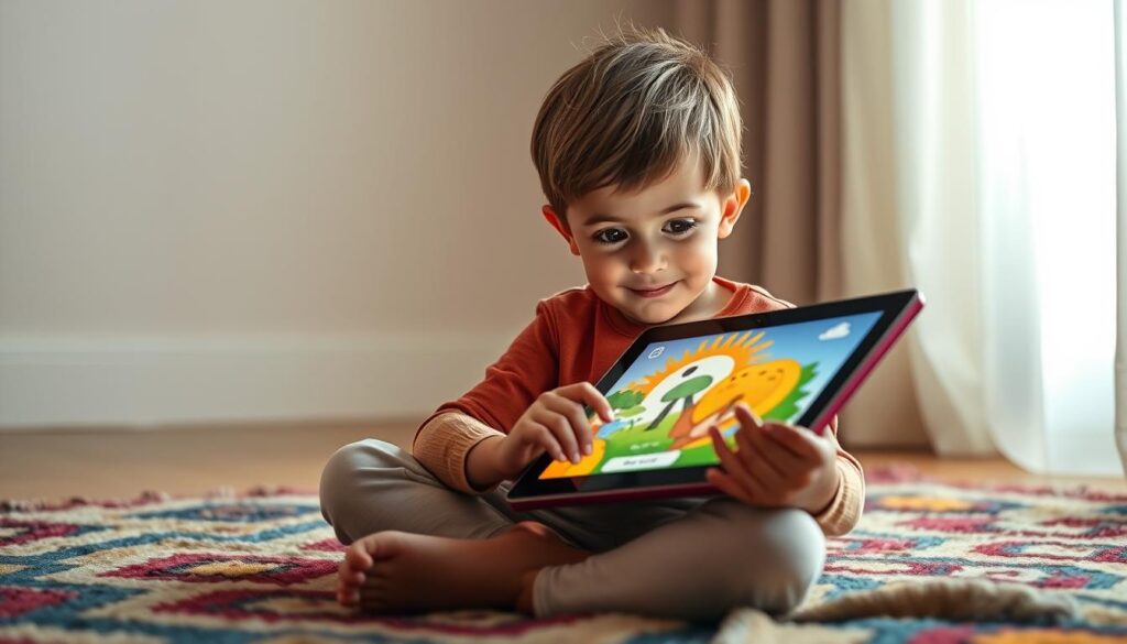 A young child, approximately 5-7 years old, sits cross-legged on a cozy, colorful rug, engrossed in a tablet device displaying a vibrant, imaginative storybook app. The scene is bathed in soft, natural lighting filtering through a nearby window, creating a warm and inviting atmosphere. The child's expression is one of pure enchantment, their eyes wide with wonder as they interact with the engaging visuals and narrative unfolding on the screen. The background is a simple, minimalist space, allowing the child and the story app to be the focal point, emphasizing the importance of the storytelling experience. The angle is slightly elevated, capturing the child's concentrated gaze and the captivating interface of the application.
