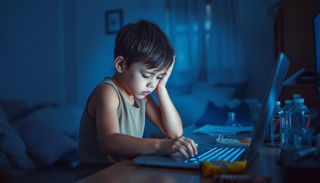 A young child sitting hunched over a laptop, eyes strained and tired, surrounded by a hazy, blue-tinted glow. In the foreground, their posture appears uncomfortable, with shoulders slumped and neck craned. The middle ground reveals a messy, cluttered workspace, with discarded snacks and energy drinks, suggesting a lack of physical activity. The background depicts a dimly lit, windowless room, conveying a sense of isolation and disconnection from the natural world. The overall scene evokes a sense of the detrimental physical health effects of excessive screen time, with the child's body language and environment highlighting the consequences of this modern-day phenomenon.