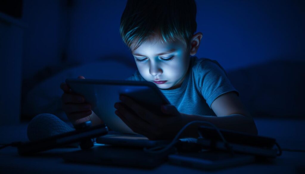 A young child sitting hunched over a tablet, their eyes strained and expression listless. The background is a dimly lit room, bathed in the blue glow of the screen. Shadows cast across the child's face, highlighting the fatigue and disengagement. In the foreground, various electronic devices are strewn about, a testament to the overwhelming presence of technology in the child's life. The lighting is low-key, creating a somber, melancholic atmosphere that conveys the detrimental impact of excessive screen time on child development.