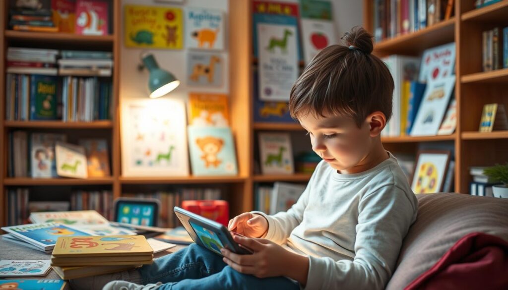 An educational reading app for kids, featuring a cozy, well-lit study space with soft lighting and a warm, inviting atmosphere. In the foreground, a child sits engrossed in an interactive storybook on a tablet, their face illuminated by the screen's glow. Surrounding them, a variety of other educational apps and tools are neatly arranged, including flashcards, puzzles, and learning games. In the background, bookshelves filled with colorful children's books, educational posters, and learning aids create a stimulating, academic environment. The overall scene conveys a sense of discovery, engagement, and the joy of learning through technology.