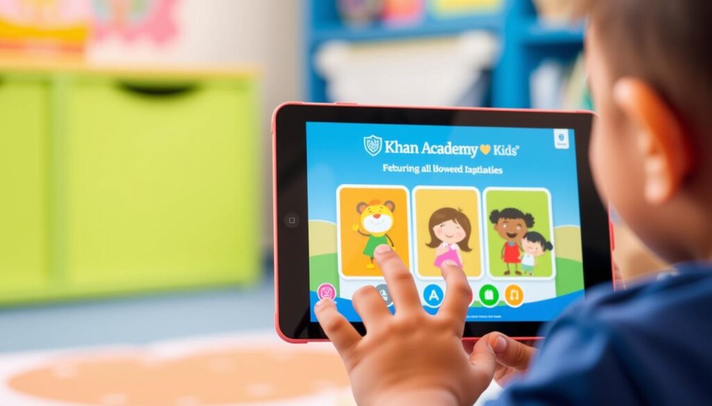 An image of a child engaging with Khan Academy Kids on a tablet, with beloved characters from the app on the screen.