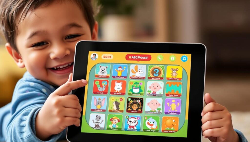 An image of a child using ABCMouse on a tablet, with a variety of educational games and activities on the screen.