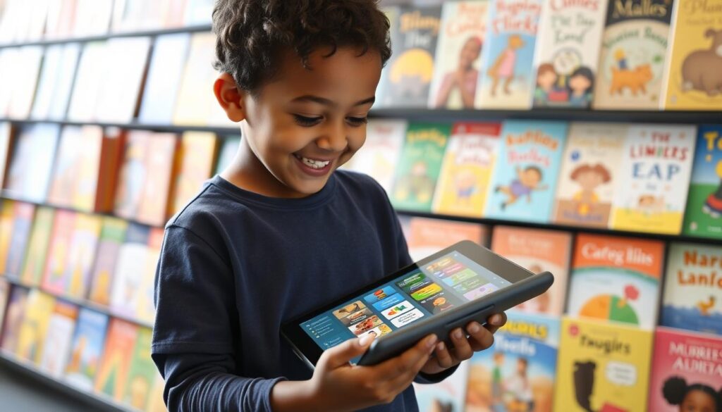 An image of a child using Epic on a tablet, with a vast library of children's books on the screen.