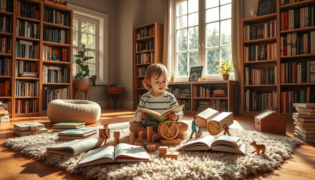 An interactive storybook scene set in a cozy home library, with a young child sitting on a plush rug, surrounded by open books and toys. Sunlight streams through large windows, casting a warm glow on the scene. The child is deeply engaged, using wooden blocks, figurines, and other tactile objects to act out imaginative problem-solving scenarios inspired by the stories they've read. Bookshelves line the walls, filled with a diverse collection of children's literature. A sense of wonder, creativity, and intellectual curiosity permeates the environment, inviting the viewer to immerse themselves in the interactive, skill-building experience.