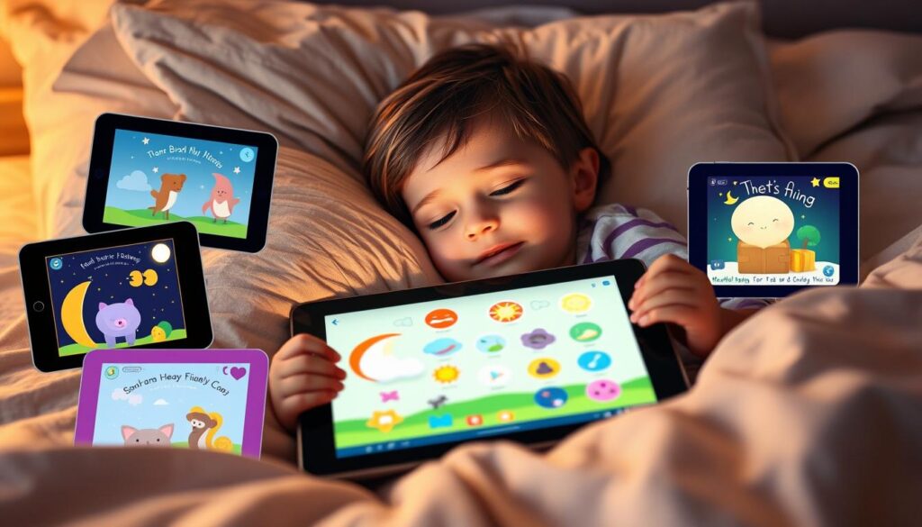 An intimate, cozy bedroom scene with a young child resting on a soft, plush pillow, surrounded by a variety of engaging, visually appealing bedtime apps displayed on a tablet device. The apps feature playful, whimsical designs with vibrant colors, soothing animations, and intuitive user interfaces, creating a calming and inviting atmosphere. The lighting is warm and gentle, with a soft glow emanating from the tablet's screen, highlighting the child's peaceful expression. The composition places the child and the tablet in the foreground, with a blurred, dreamlike background suggesting a tranquil, nighttime setting. The overall mood is one of comfort, relaxation, and the joy of discovering engaging digital experiences that can facilitate a smooth and enjoyable bedtime routine.