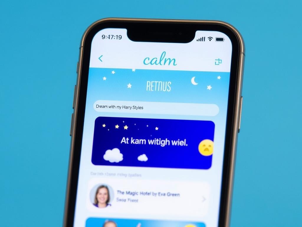 Calm app interface showing sleep stories for kids including Harry Styles' Dream with Me story Calm app interface showing sleep stories for kids including Harry Styles' Dream with Me story