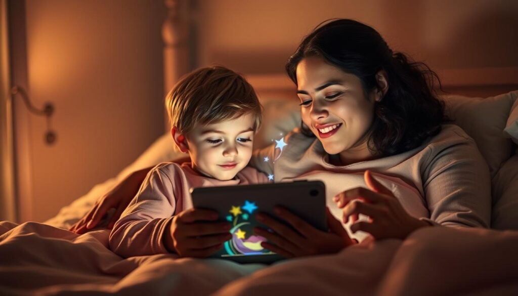 Child enjoying interactive bedtime stories on tablet with parent