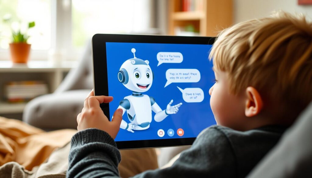 Child interacting with an AI tutor on an educational app 2025 Child interacting with an AI tutor on an educational app 2025