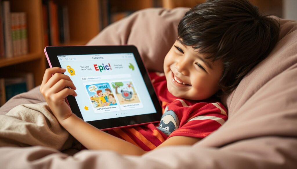 Child reading a digital book on Epic! app, showing educational apps 2025 for reading Child reading a digital book on Epic! app, showing educational apps 2025 for reading