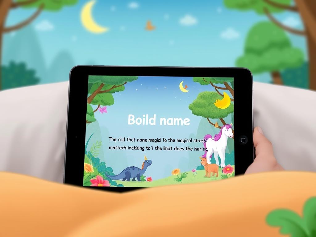 Child seeing their name and preferences in an interactive bedtime story Child seeing their name and preferences in an interactive bedtime story
