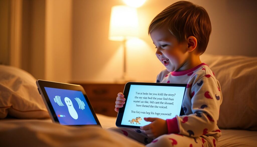 Child speaking to tablet during interactive bedtime story Child speaking to tablet during interactive bedtime story