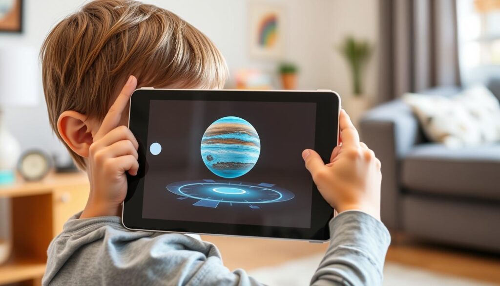 Child using augmented reality educational app showing solar system in 3D Child using augmented reality educational app showing solar system in 3D