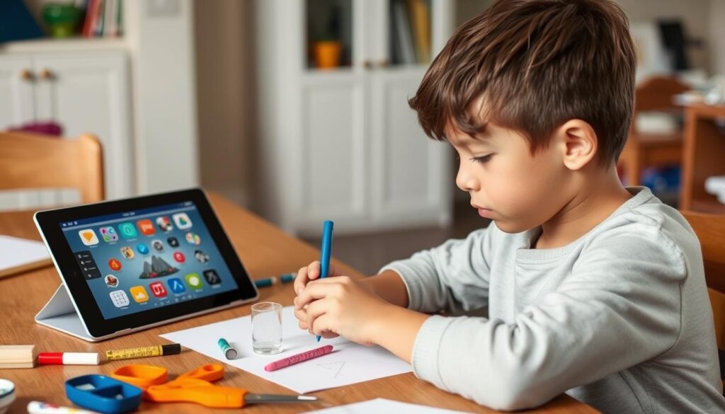 Child working on a science project inspired by an educational app Child working on a science project inspired by an educational app
