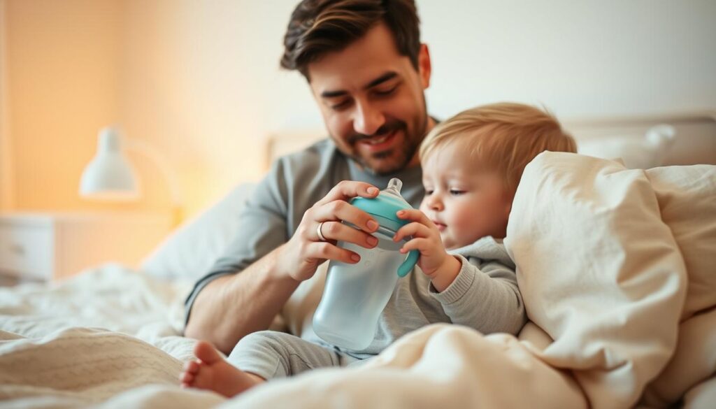 Cozy bedtime scene with a toddler being gently transitioned from a bedtime bottle. Soft, warm lighting illuminates the calming moment as the child sits comfortably in a parent's lap, a gentle hand holding a sippy cup. The parent's expression is loving and reassuring, creating a sense of security. In the background, a simple, soothing bedroom setting with soft, muted colors and textures. An atmosphere of patience, care, and the start of a new chapter in the child's development.