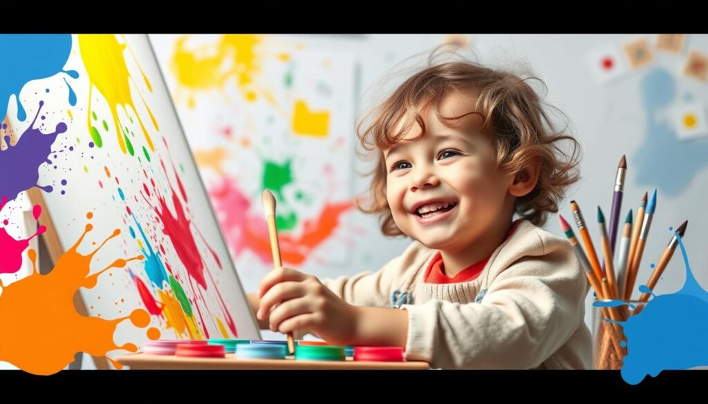 Create an image of a child happily painting on a digital canvas with various art tools available.
