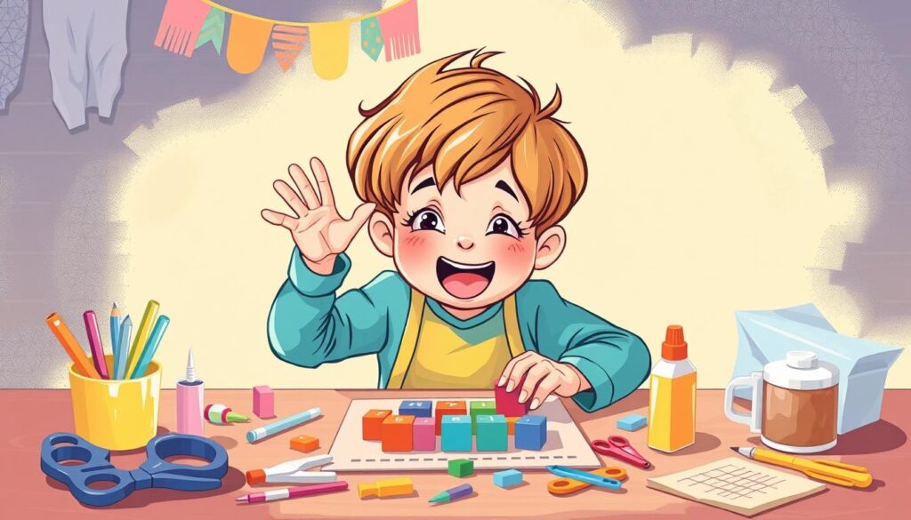 Create an image of a child making a DIY game with craft supplies.