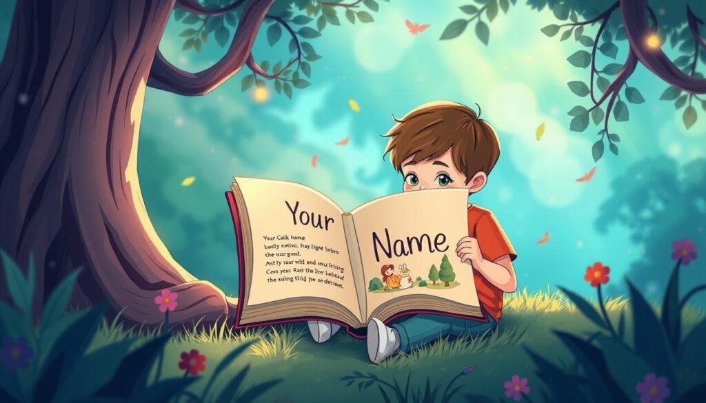 Create an image of a child reading a customized book with their name as the main character.