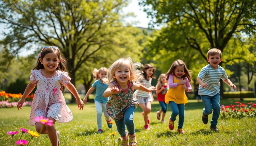 Create an image of children playing tag in a park.