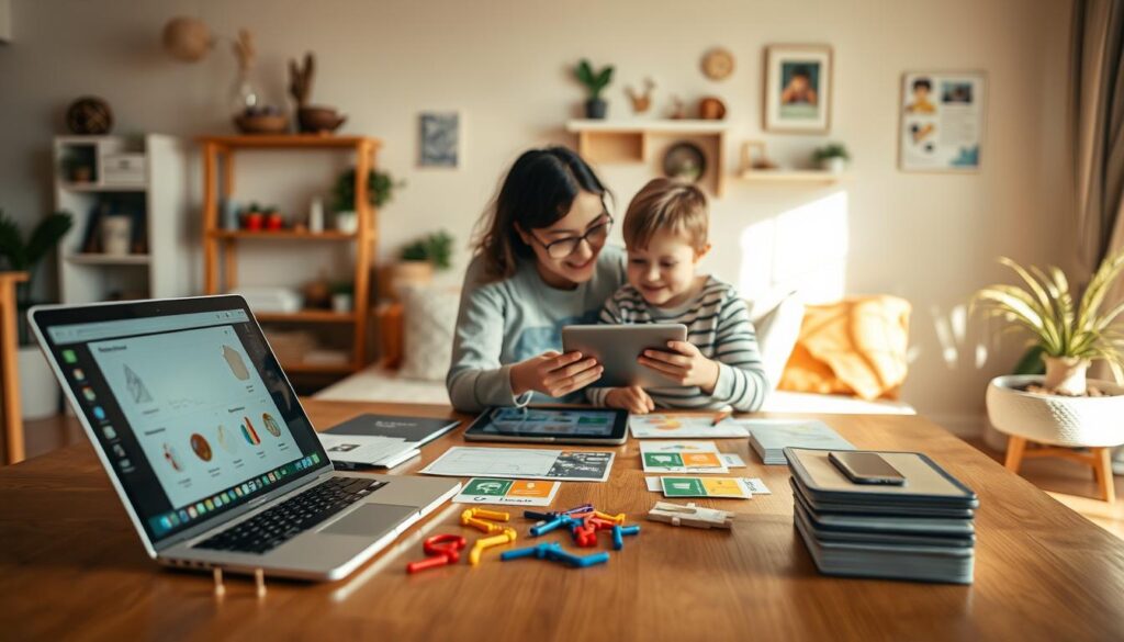 Detailed, step-by-step setup guide for Lunesia, a captivating problem-solving platform for families. Bright, cheerful scene with a wooden table in the foreground hosting a laptop, tablet, and colorful learning materials. In the middle ground, a parent and child collaborating intuitively on an engaging activity, bathed in warm, soft lighting. The background showcases a cozy, inviting home environment with natural accents and educational wall decor, conveying a sense of comfort and discovery. The overall atmosphere is one of learning, exploration, and quality time spent together.