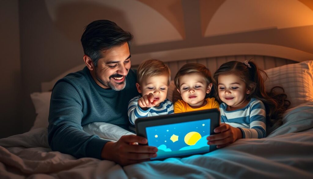 Family enjoying interactive bedtime stories together Family enjoying interactive bedtime stories together