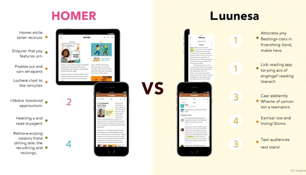 Generate an image comparing HOMER and Lunesia reading apps