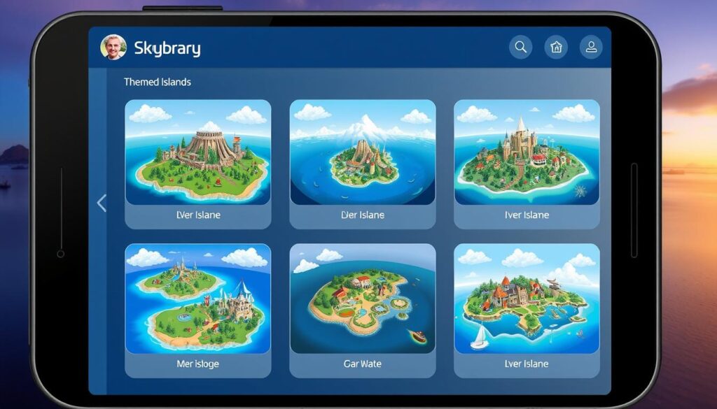 Generate an image of LeVar Burton's Skybrary app interface showing various themed islands.