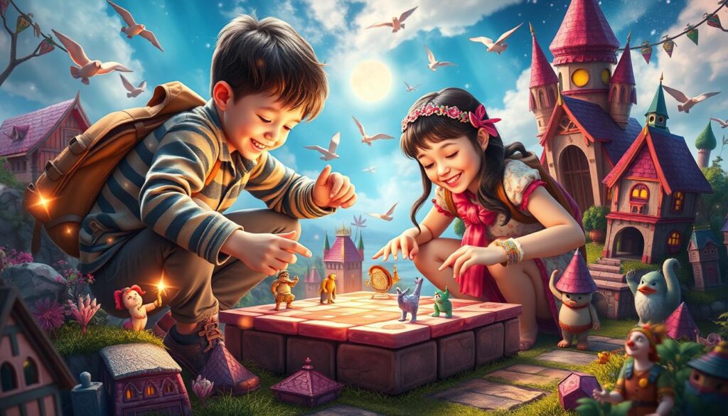 Generate an image of a brother and sister duo navigating a fantastical world together, solving puzzles and overcoming obstacles.