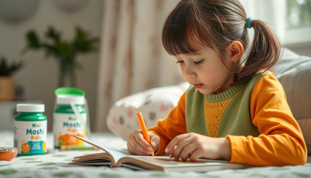 Generate an image of a calm and focused child engaging in a daytime activity, such as reading or drawing, with a subtle hint of Moshi Kids supplement packaging in the background.