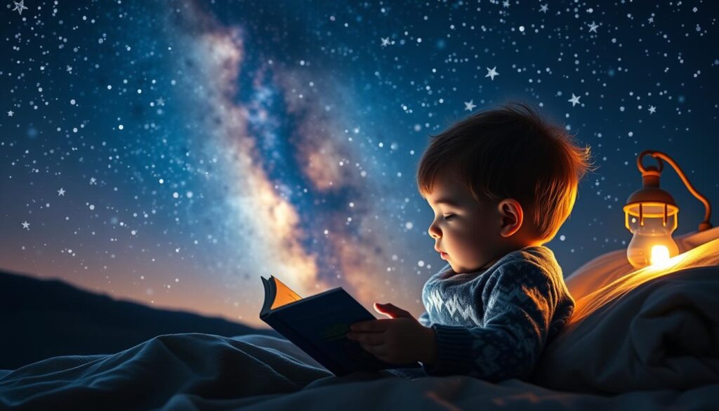 Generate an image of a calm toddler listening to a bedtime story under a starry night sky.