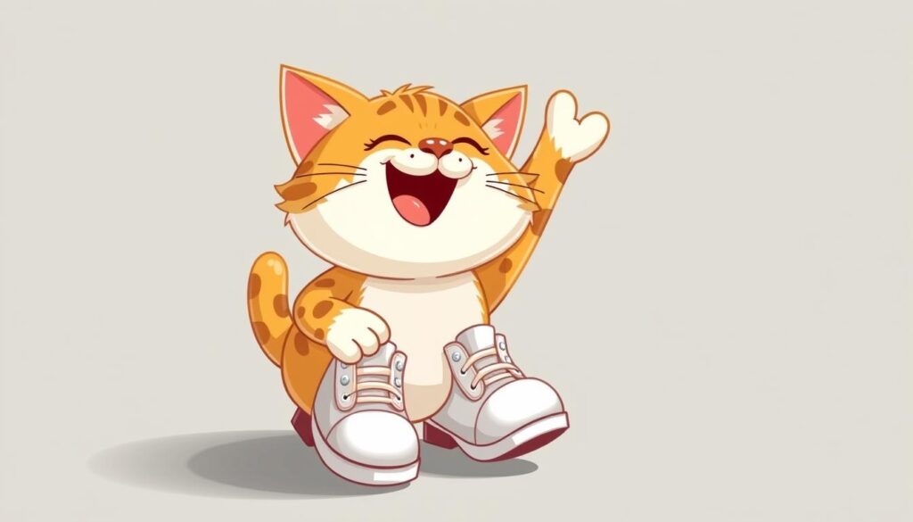 Generate an image of a cat wearing white shoes, with a happy expression.