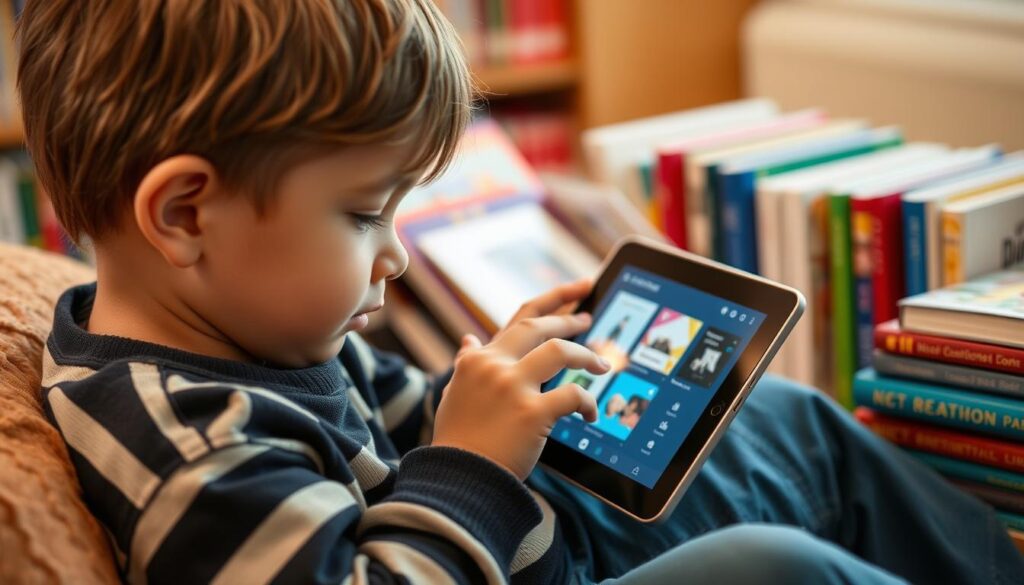 Generate an image of a child accessing library books on a device via Libby.