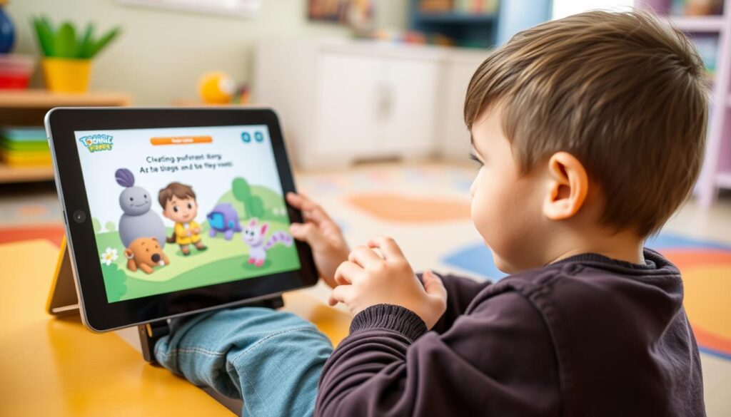 Generate an image of a child creating a 3D animated story using Toontastic3D on a tablet.