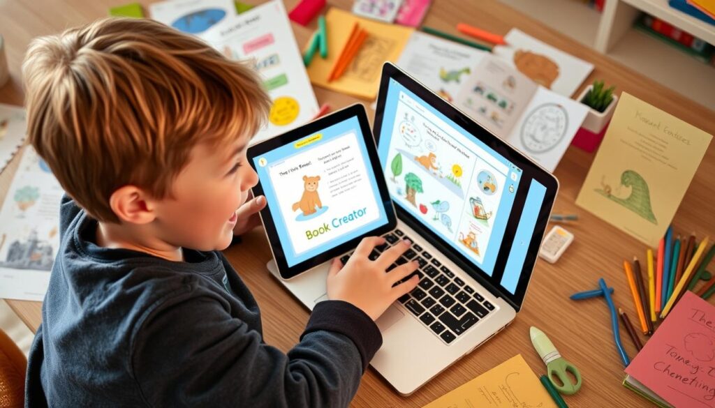 Generate an image of a child creating a digital book using Book Creator on a laptop.