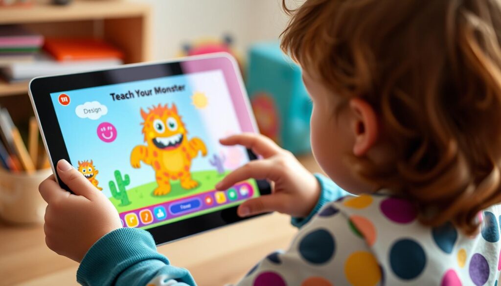 Generate an image of a child creating a monster on a tablet with the Teach Your Monster to Read app open.