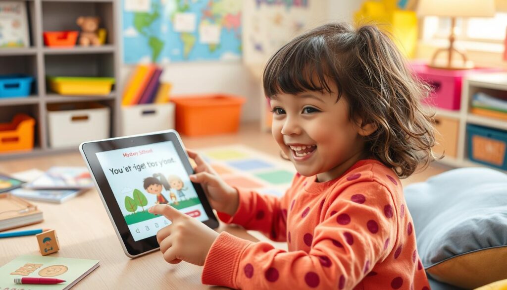 Generate an image of a child creating a simple digital storybook using My Story School eBook Maker on a tablet.