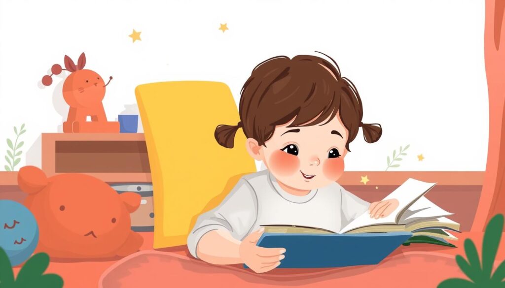 Generate an image of a child creating a story using Lunesia on a tablet