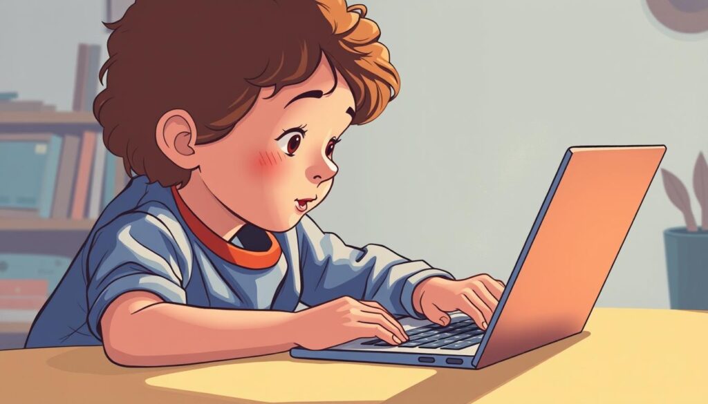Generate an image of a child creating a story using Storybird's professional artwork on a laptop.