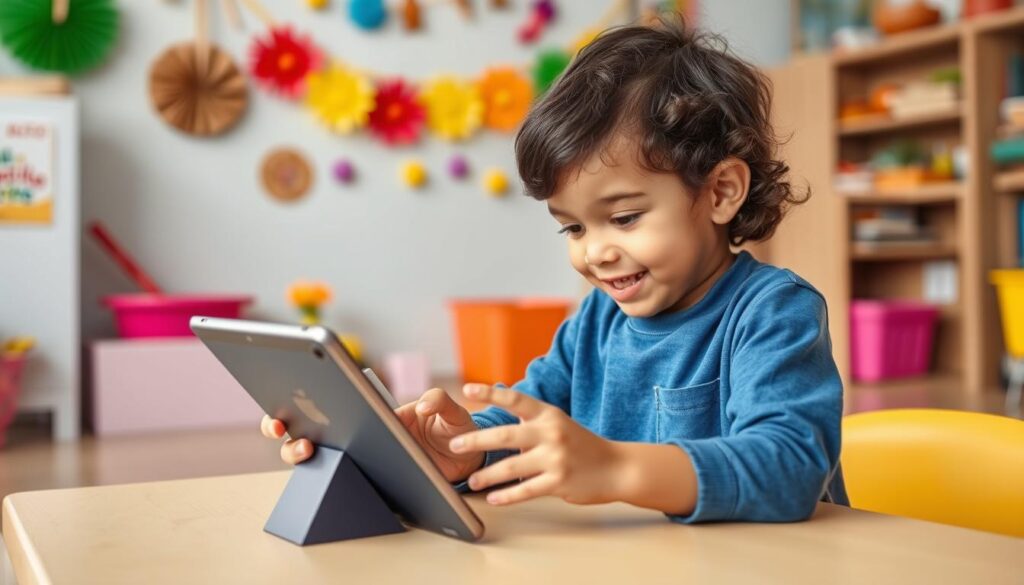 Generate an image of a child creating a video story using Shadow Puppet Edu on a tablet.
