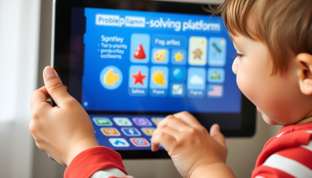 Generate an image of a child engaging with Competitor X's problem-solving platform on a tablet.