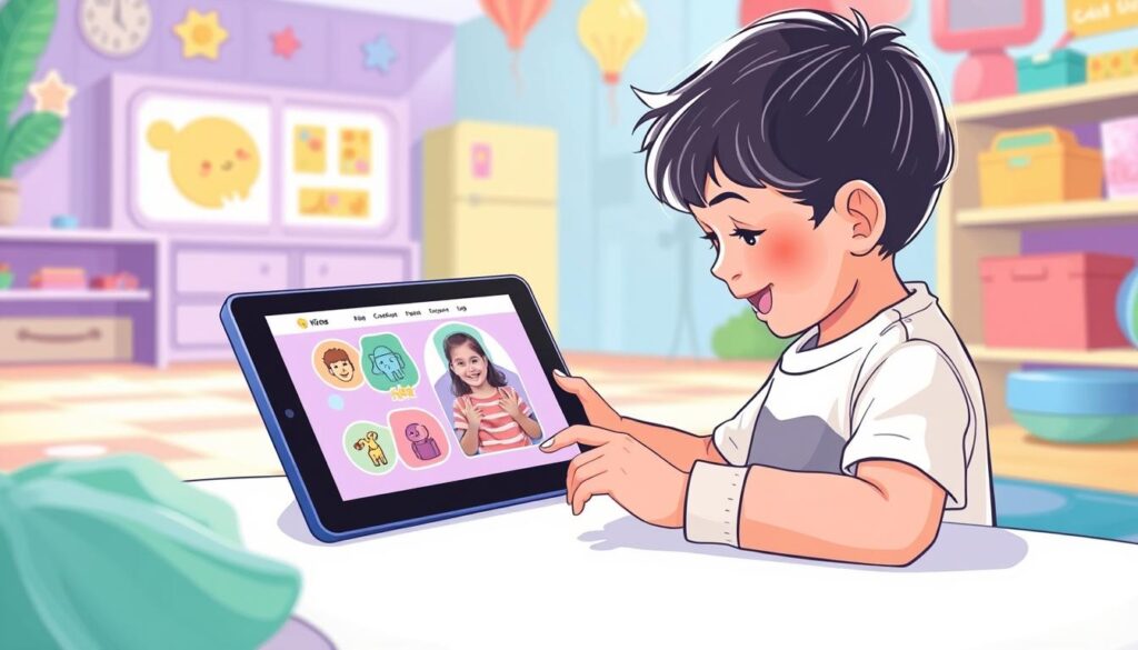 Generate an image of a child engaging with Imagistory on a tablet.