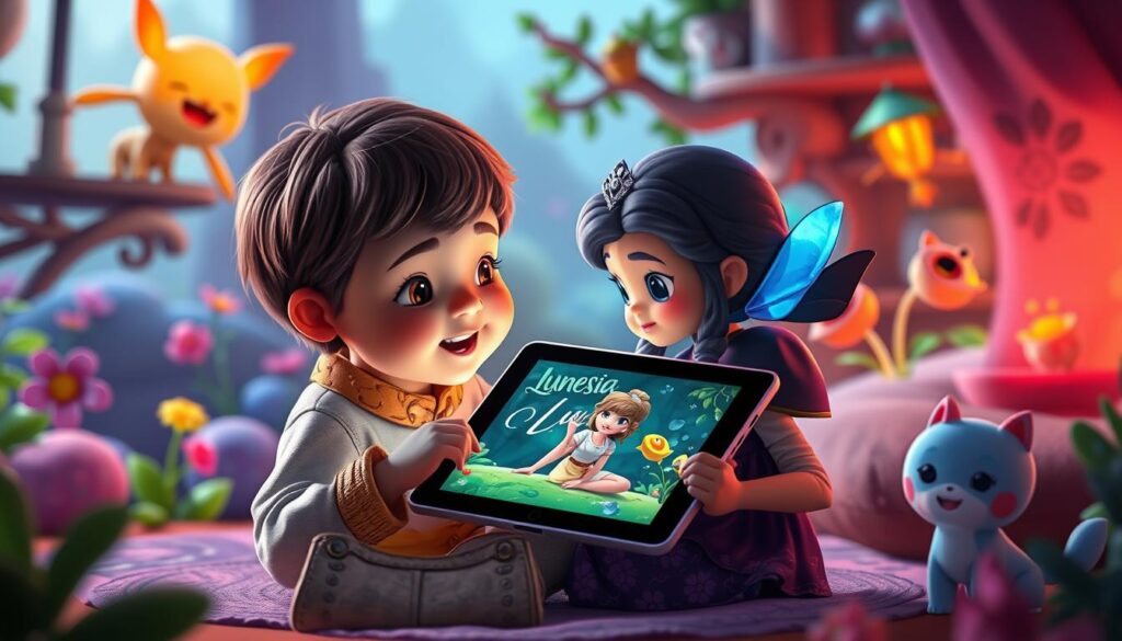 Generate an image of a child engaging with Lunesia on a tablet, surrounded by animated story elements.