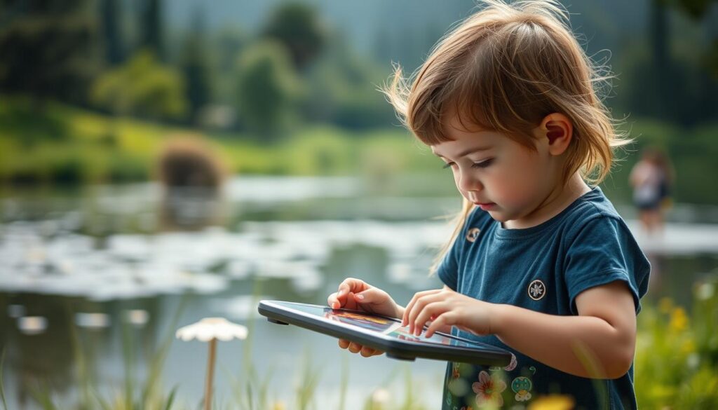Generate an image of a child engaging with Lunesia on a tablet, with a calm and soothing environment in the background.