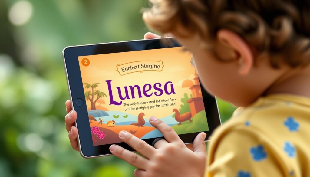 Generate an image of a child engaging with Lunesia on a tablet, with a captivating storyline on the screen.