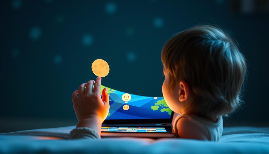 Generate an image of a child engaging with Lunesia's interactive emotional journeys on a tablet.