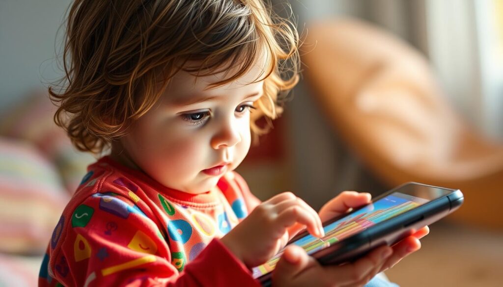 Generate an image of a child engaging with Lunesia's interactive stories on a tablet.