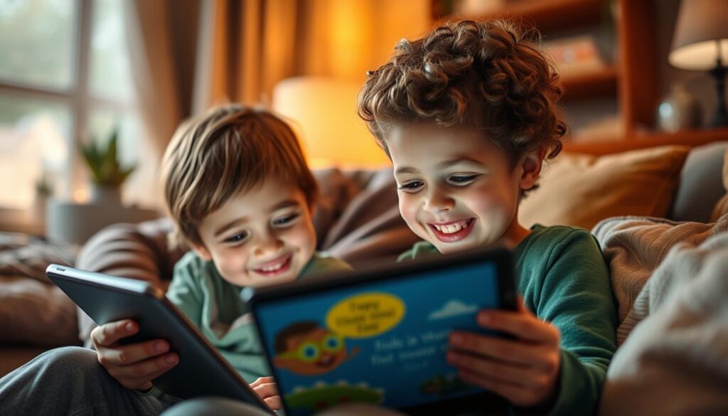 Generate an image of a child engaging with a personalized story on a tablet, with a smiling parent in the background.